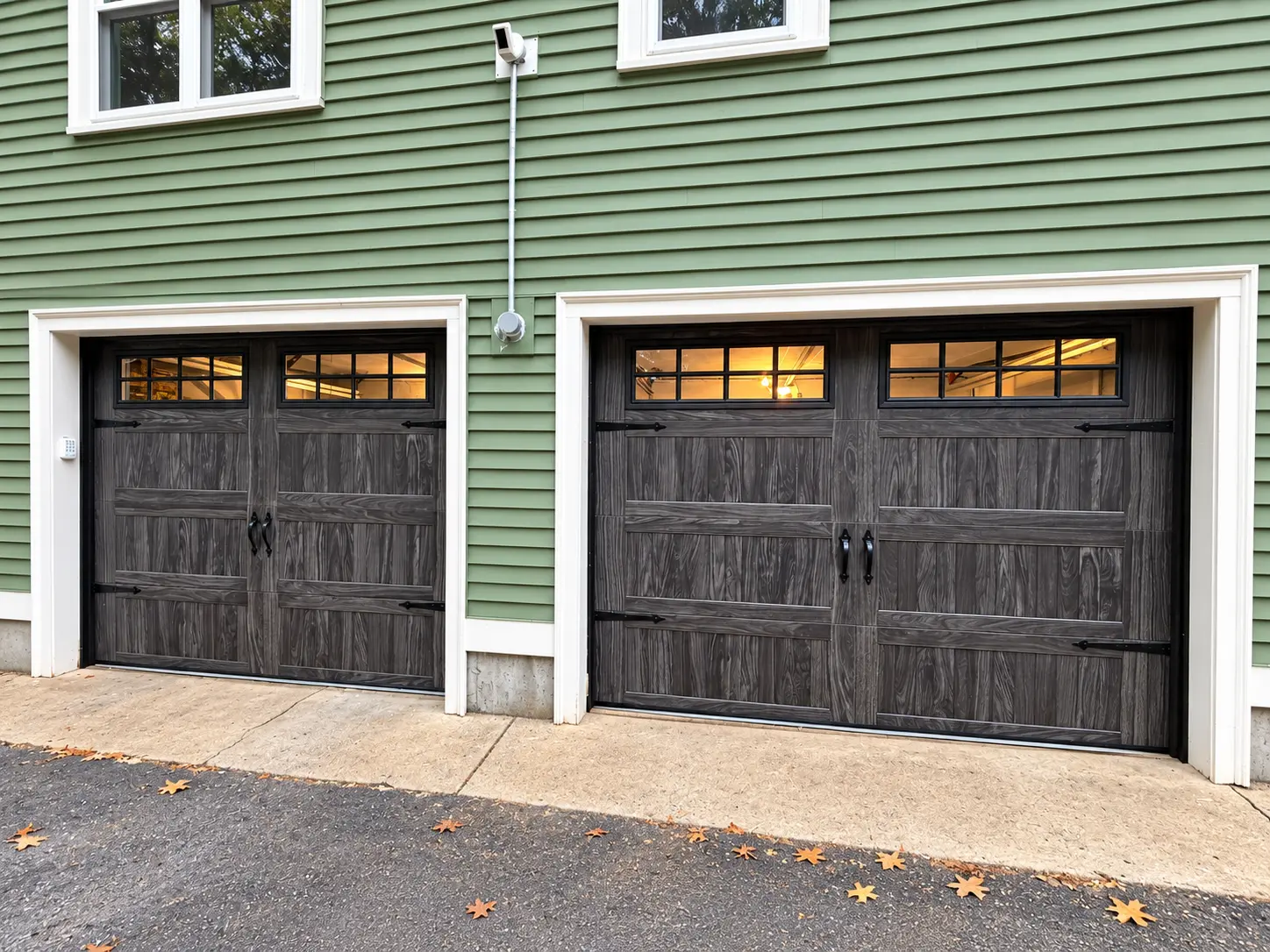 Two dark wood-grain carriage-style garage doors with windows on a green home