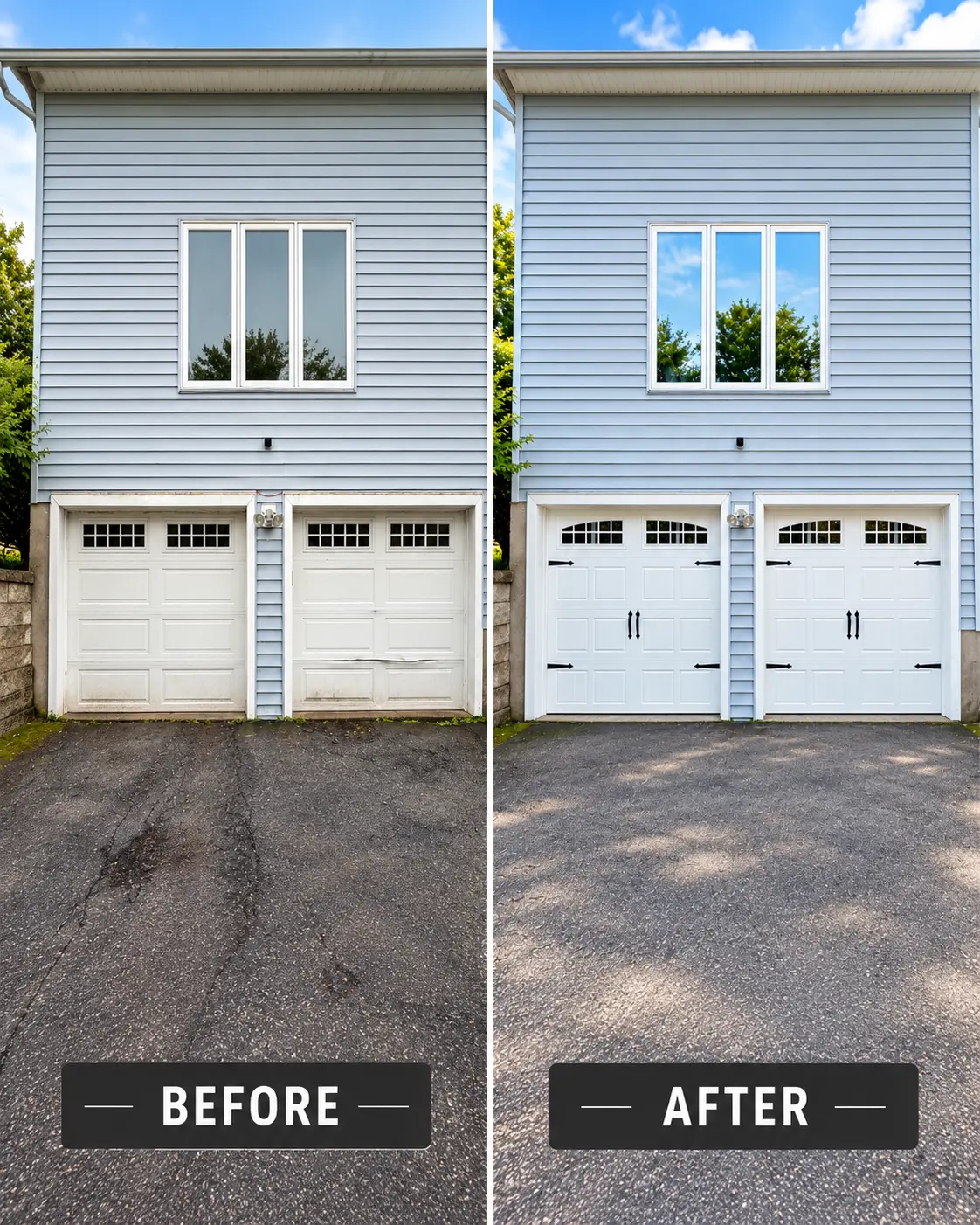 Before and after: two worn garage doors replaced with white carriage-house doors on a blue home