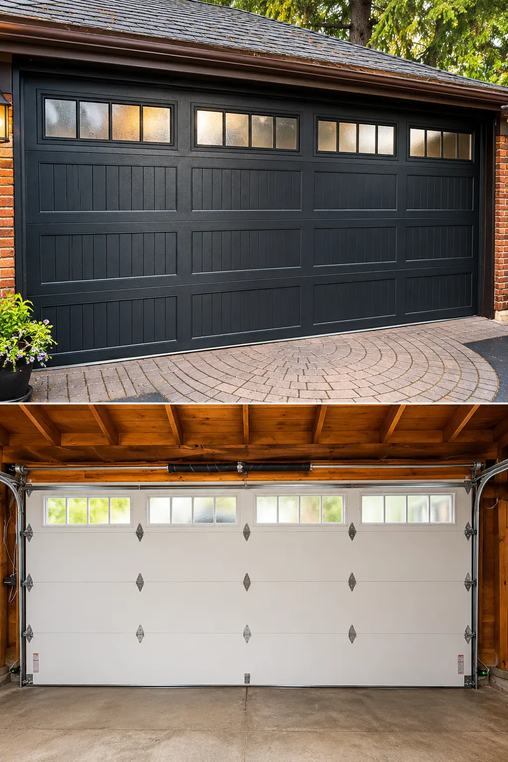 New charcoal garage door shown from the driveway and from inside the garage
